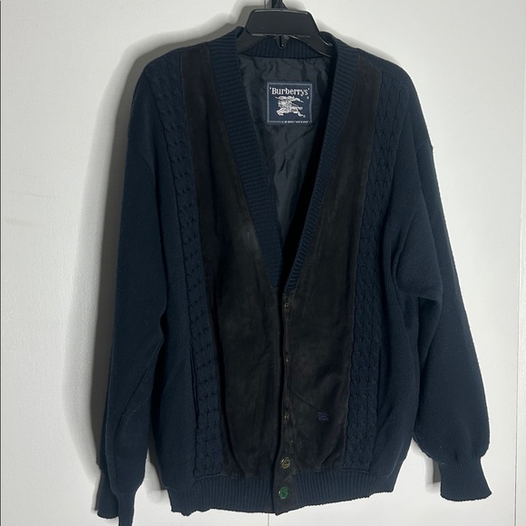 Burberry Vintage Navy Cardigan with Suede Panels Large - Picture 1 of 8
